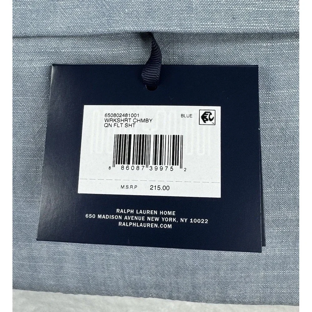 New Ralph Lauren WORKSHIRT CHAMBRAY Blue‎ Flat Sheet - Queen $215